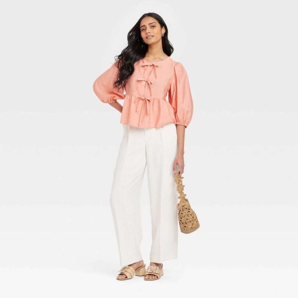 A New Day - Women's Elbow Sleeve Peplum Tie-Front Blouse - A N Pink - Picture 3 of 3